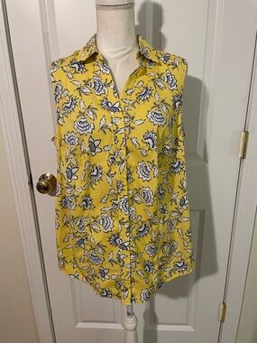 Charter Club Yellow Sleeveless Floral Button-Down Shirt
